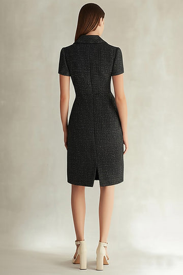 Black Lapel Neck Midi Dress with Short Sleeves